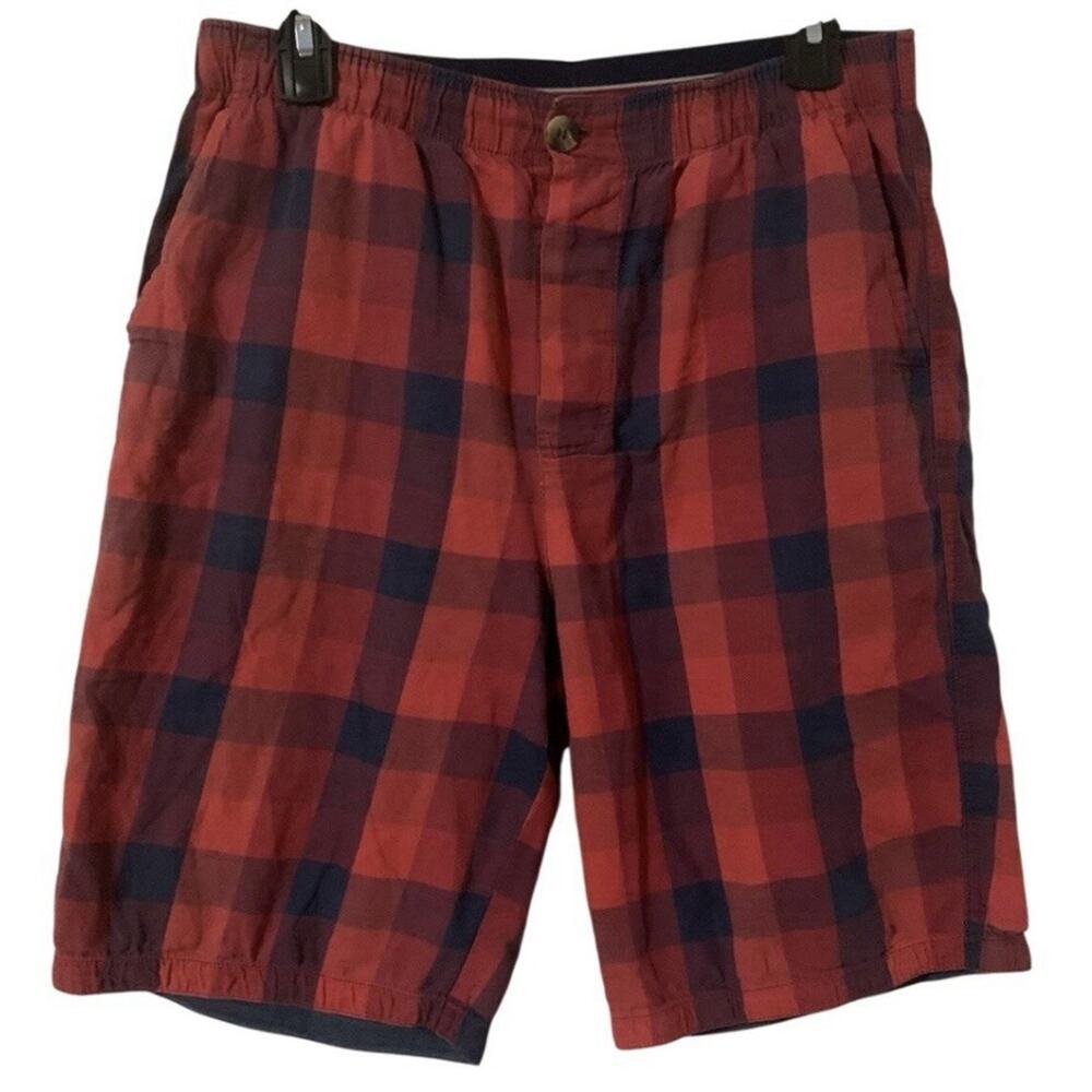 Jockey USA Originals Mens M Plaid Shorts Red Blue Elastic Waist Button Fly 9”